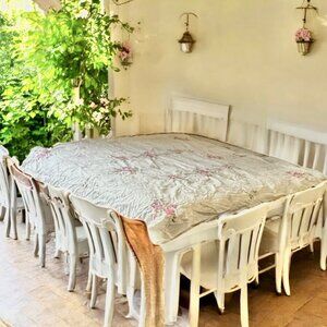 Beige Floral Embroidered Tablecloth 67" X 49" Pink & Blue Cross-Stitch VTG